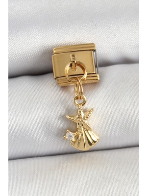 Toptan Bulurum 316L Çelik Sallantılı Zirkon Taşlı Deniz Yıldızı ve Istiridye Model Gold Renk Nomination Charm