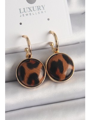 Toptan Bulurum Pirinç Gold Renk Leopar Desenli Daire Model Kadın Küpe