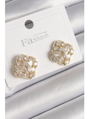 Toptan Bulurum Pirinç Gold Renk Zirkon Taşlı Yonca Model Kadın Küpe