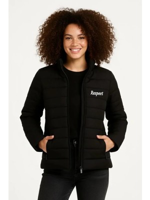 Aesco Mikro Su Itici Kapitone Baskılı Astarlı Fermuarlı Bomber Mont - Siyah