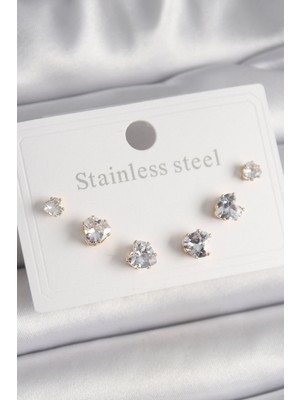 Toptan Bulurum 316L Çelik Gold Renk Zirkon Taşlı Kalp Model Kadın Küpe Seti