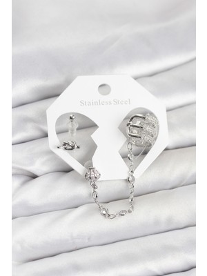 Toptan Bulurum Pirinç Gümüş Renk Sarmal Model Zincir Bağlantılı Ear Cuff Küpe Seti