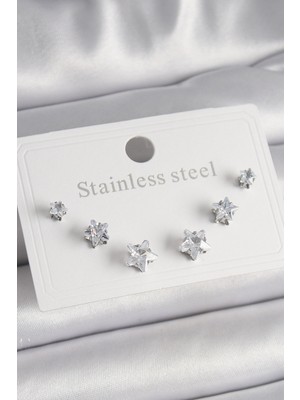 Toptan Bulurum 316L Çelik Gümüş Renk Zirkon Taşlı Yıldız Model Kadın Küpe Seti