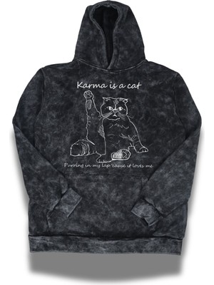 Fuddy Moda Unisex Karma Is Cat Baskılı Kapüşonlu Yıkamalı Sweatshirt, Oversize Taylor Swift Retro Hoodie
