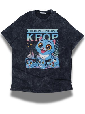 Fuddy Moda Unisex Kpop Demon Hunters Yazılı Yıkamalı T-Shirt, Oversize Sevimli Derpy Baskılı Tişört
