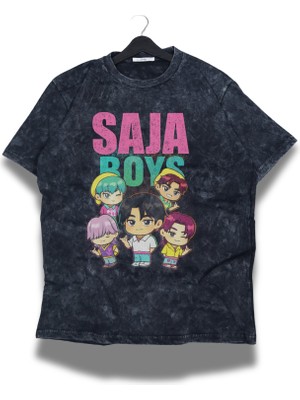 Fuddy Moda Unisex Saja Boys Chibi Baskılı Yıkamalı T-Shirt, Oversize Kpop Demon Hunters Temalı Retro Tişört