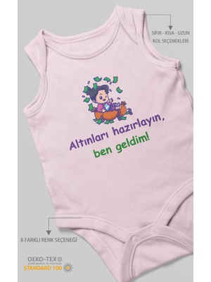 Morivo Kids Altınları Hazırlayın, Ben Geldim! Baskılı Bebek Zıbını – Çıtçıtlı Body | %100 Pamuk Sıfır Kol