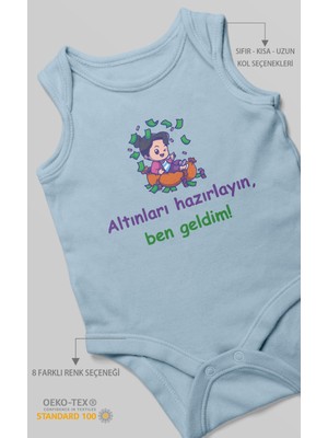 Morivo Kids Altınları Hazırlayın, Ben Geldim! Baskılı Bebek Zıbını – Çıtçıtlı Body | %100 Pamuk Sıfır Kol