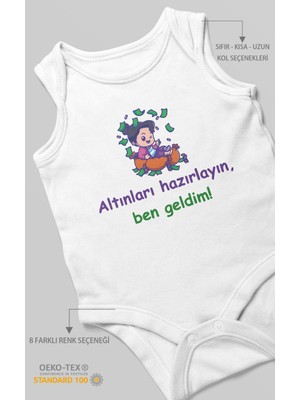 Morivo Kids Altınları Hazırlayın, Ben Geldim! Baskılı Bebek Zıbını – Çıtçıtlı Body | %100 Pamuk Sıfır Kol