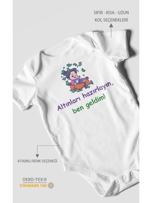 Morivo Kids Altınları Hazırlayın, Ben Geldim! Baskılı Bebek Zıbını – Çıtçıtlı Body | %100 Pamuk Kısa Kol