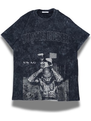 Fuddy Moda Unisex Swag Baskılı Yıkamalı T-Shirt, Oversize Justin Bieber Temalı Retro Tişört