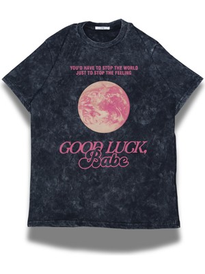 Fuddy Moda Unisex Good Luck Babe Yazılı Yıkamalı T-Shirt, Oversize Chappell Roan Temalı Retro Tişört