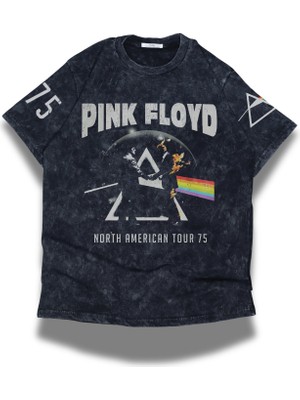 Fuddy Moda Unisex Pink Floyd 71 Logo Kol Baskılı Yıkamalı T-Shirt, Oversize Rock Band Temalı Vintage Tişört