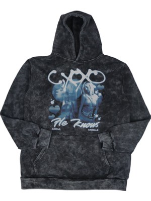 Fuddy Moda Unisex He Knows Baskılı Kapüşonlu Yıkamalı Sweatshirt, Oversize Camila Cabello Temalı Retro Hoodie