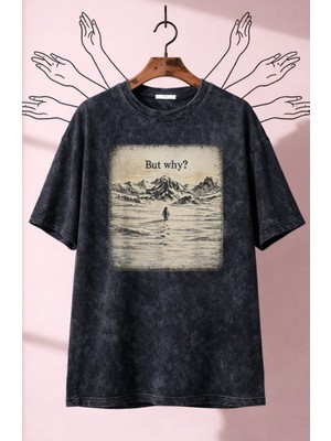 Fuddy Moda Unisex Retro But Why Nihilist Penguen Baskılı Yıkamalı T-Shirt, Oversize Yanlız Penguen Tişört