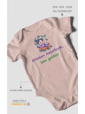 Morivo Kids Altınları Hazırlayın, Ben Geldim! Baskılı Bebek Zıbını – Çıtçıtlı Body | %100 Pamuk Kısa Kol