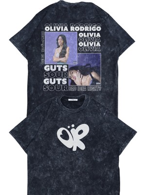 Fuddy Moda Unisex Guts Sour Sırt Baskılı Yıkamalı T-Shirt, Oversize Olivia Rodrigo Temalı Retro Tişört