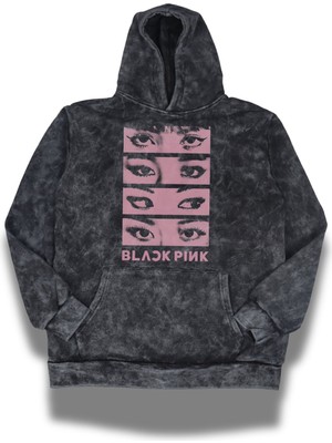 Fuddy Moda Unisex Oversize Kpop Blackpink Eyes Baskılı Kapüşonlu Yıkamalı Vintage Sweatshirt