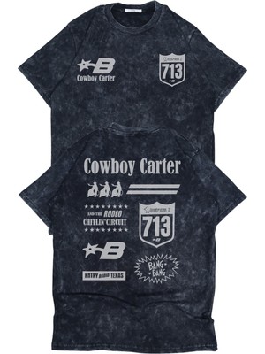Fuddy Moda Unisex Cowboy Carter 713 Sırt Baskılı Yıkamalı T-Shirt, Oversize Beyonce Temalı Retro Tişört