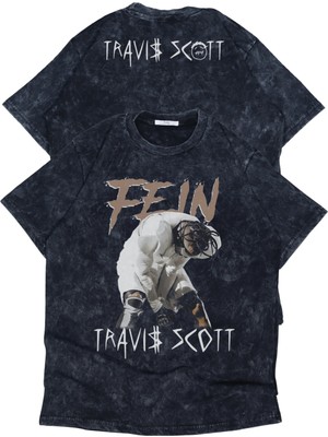 Fuddy Moda Unisex Fein Travis Scott Ense Baskılı Yıkamalı T-Shirt, Oversize Rapper Temalı Vintage Tişört