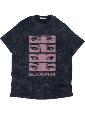 Fuddy Moda Unisex Blackpink Eyes Baskılı Yıkamalı T-Shirt, Oversize Kpop Temalı Vintage Tişört