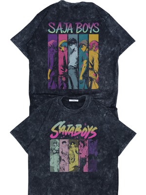 Fuddy Moda Unisex Renkli Karakterler Sırt Baskılı Yıkamalı T-Shirt, Oversize Kpop Saja Boys Temalı Tişört