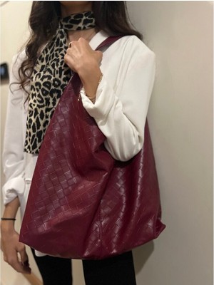 Luciaonline Kadın Günlük Çanta – Bordo Deri Örgü Görünümlü Büyük Omuz Çantası