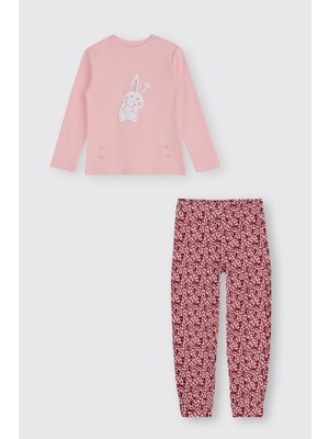 Panço Kız Çocuk Çiçek Desenli Pembe Pijama Takımı
