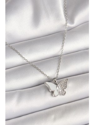 Bilfold 316L Çelik Gümüş Renk Zincir Zirkon Taşlı Beyaz Mineli Kelebek Model Kadın Kolye