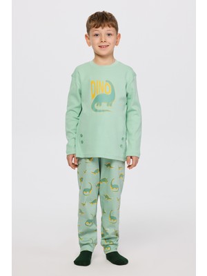 Panço Erkek Çocuk Dinozor Desenli Turkuaz Pijama Takımı
