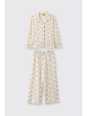 Panço Kız Çocuk Çiçek Desenli Ekru Pijama Takımı