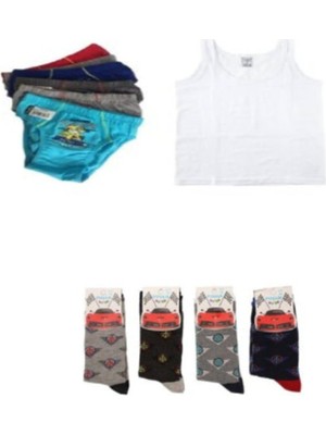 Tutku 6 Adet Askılı Atlet 6 Adet Baskılı Slıp 6 Adet Corap Erkek Cocuk Takımı-Resımlı-1-2 Yaş