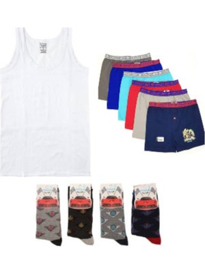Tutku Erkek Çocuk Beyaz 6 Adet Askılı Atlet 6 Adet Renkli Baskılı Boxer 6 Adet Renkli Çorap Takımı-Baskılı-1-2 Yaş