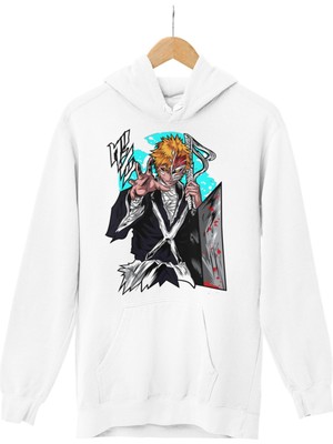 Fuddy Moda Unisex Ichigo Kurosaki Baskılı Kapüşonlu Sweatshirt, Oversize Bleach Anime Temalı Hoodie