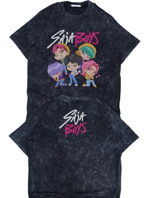 Fuddy Moda Unisex Saja Boys Ense Baskılı Yıkamalı T-Shirt, Oversize Kpop Demon Hunters Temalı Retro Tişört