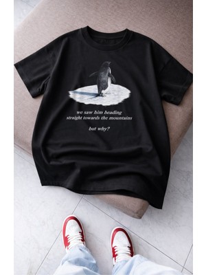 Fuddy Moda Unisex But Why Yalnız Penguen Baskılı Tişört,oversize Nihilist Penguin Temalı Bisiklet Yaka T-Shirt