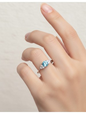 Keskin Gümüş 925 Ayar Gümüş Mavi Aqua Marin  Tek Taş Tasarım Evlilik Yüzüğü Kadın Yüzük Yıldönümü Hediye