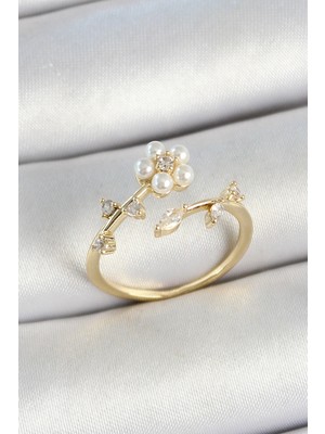 Eco Lounge Pirinç Inci Detaylı Papatya Figürlü Zirkon Taşlı Gold Renk Ayarlanabilir Kadın Yüzük