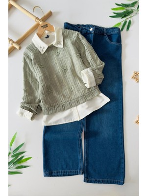 Miniğimin Cicileri (10–13 Yaş) Çiçek Aplikeli Örgü Kazaklı Gömlek ve Kot Pantolon Kız Çocuk 3 Lü Takımı - Yeşil