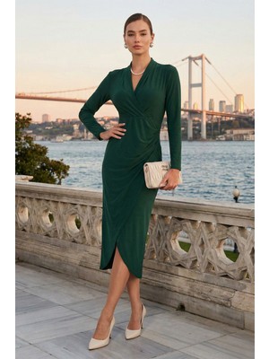 Lela Kruvaze Yaka Yırtmaçlı Drape Detaylı Midi Abiye Elbise Bayan ELBİSE 611EL1769