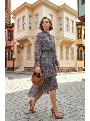 Lela Regular Fit Yaka Detaylı Volanlı Şifon Midi Elbise Kadın Elbise 611EL1448