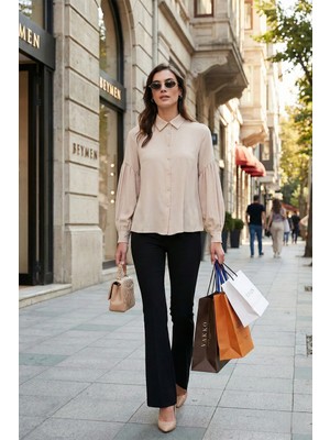 Lela Regular Fit Dikiş Detaylı Düz Yaka Balon Kol Gömlek Bayan Gömlek 611GO00003