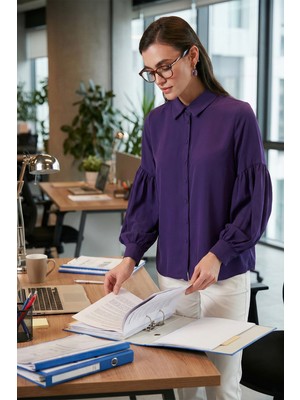 Lela Regular Fit Dikiş Detaylı Düz Yaka Balon Kol Gömlek Bayan Gömlek 611GO00003