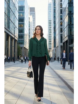 Lela Standart Fit V Yaka Fırfırlı Uzun Kollu Gömlek Bayan Gömlek 611GO00341