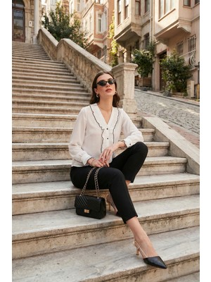 Lela Standart Fit V Yaka Fırfırlı Uzun Kollu Gömlek Bayan Gömlek 611GO00341