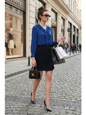 Lela Standart Fit V Yaka Fırfırlı Uzun Kollu Gömlek Bayan Gömlek 611GO00341