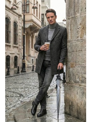 Buratti Slim Fit Tek Yırtmaçlı Düğmeli Mono Yaka Kaşe Kaban Erkek Kaban 5840098