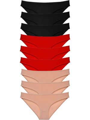 Moda Şahsenem 9 Adet Süper Eko Set Likralı Kadın Slip Külot Siyah Kırmızı Ten