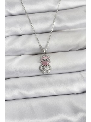 Mercansa 316L Çelik Zincir Gümüş Renk Teddy Bear Model Zirkon Taşlı Kadın Kolye