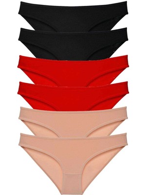 Moda Şahsenem 6 Adet Süper Eko Set Likralı Kadın Slip Külot Siyah Kırmızı Ten